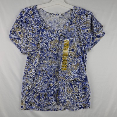 Rafaella Knit Top Womens Medium Blue Amparo Paisley Short Sleeve Blouse RSKSC090