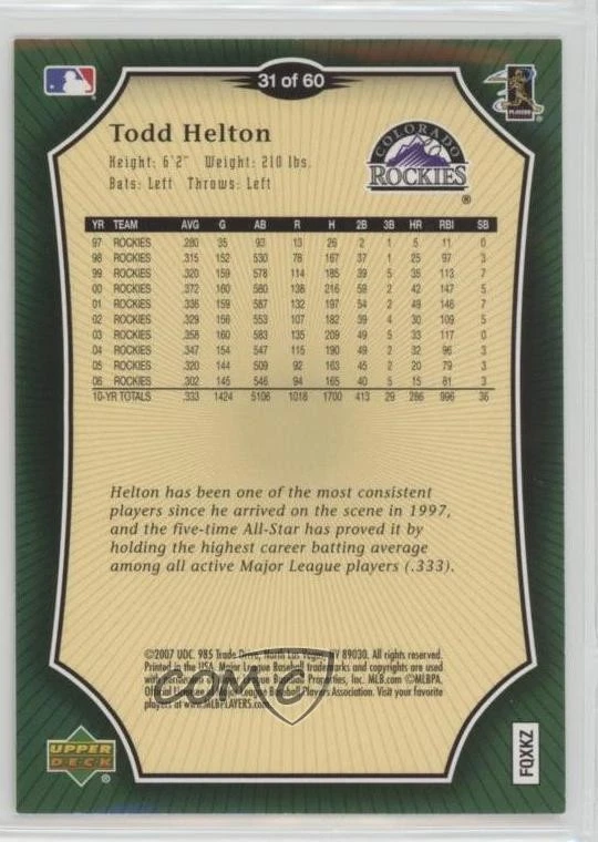 2007 Upper Deck Holiday Inn Hotel Issue Todd Helton #31 HOF - Image 2 of 2