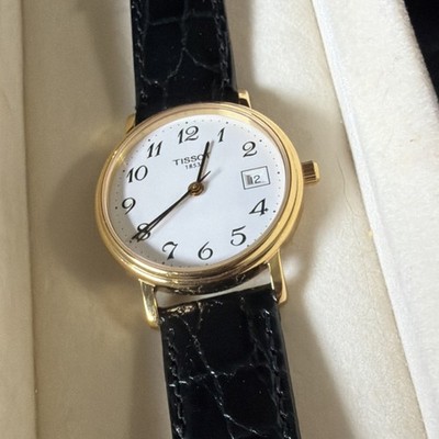 Tissot Gold Round Analog Wristwatch Black Leather Strap with Original Box