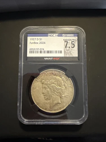 1927 D Silver Peace Dollar 2024 Fun/Vault Box NGCX 7.5 Extremely Fine Grade