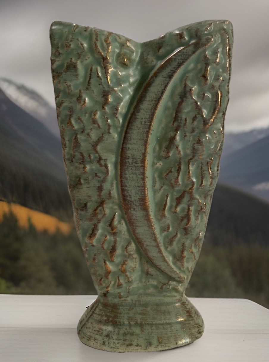 MCM Pottery Vase Triangle Shape & High Relief Texture Creasent Moon Green/Gold