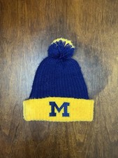 VTG Michigan Wolverines Knit Beanie Hat Pom Pom University Blue Yellow 1970 s