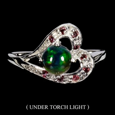 925 Sterlingsilber Ring Rund Schwarz Opal 6mm Rhodolith Granat Edelstein Eu 8.5 - Bild 1 von 4