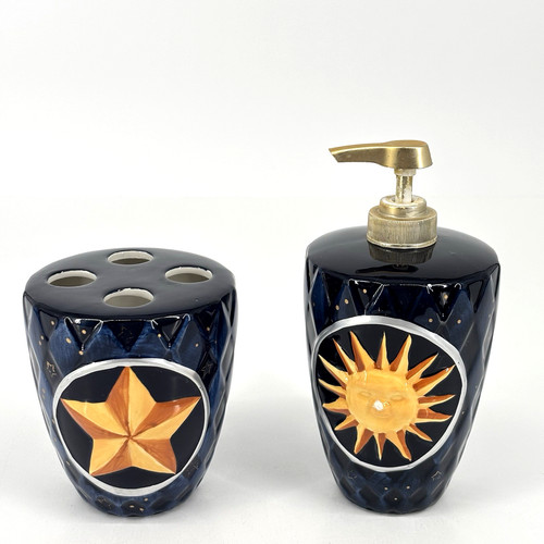Navy Gold Ceramic Celestial Sun Moon Bathroom Toothbrush Holder & Soap Dispenser