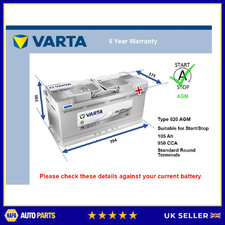 AGM Car Battery fits ROLLS ROYCE CULLINAN GHOST 6.75 2018 on Stop Start Varta