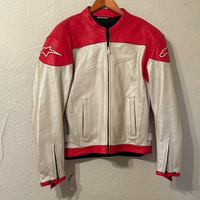 Vtg Alpinestars Sz L Leather Motorcycle Padded Armor Jacket White Red