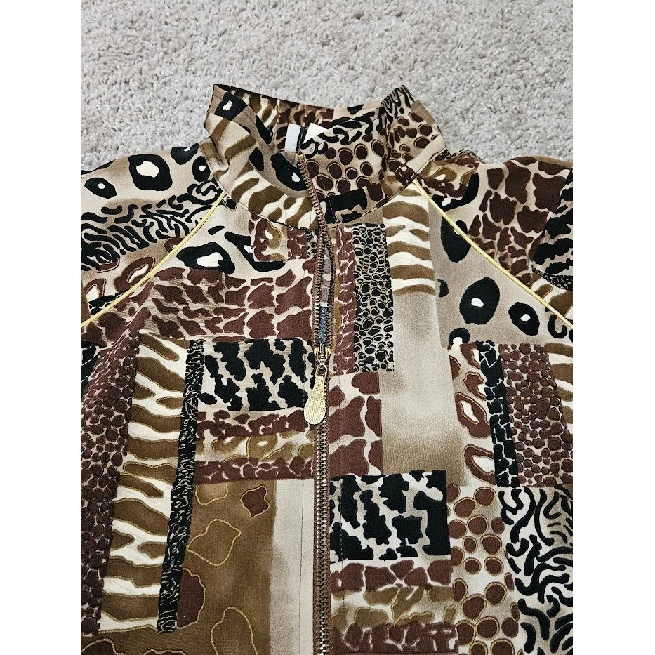 Teddi VTG Jacket Women Petite Large Brown Beige Animal Print Full Zip Patchwork - Image 2 of 4