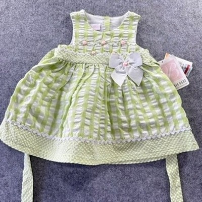 Bonnie Baby Girls Lime Green Gingham Seersucker Dress Rosettes Bow 12M NWT