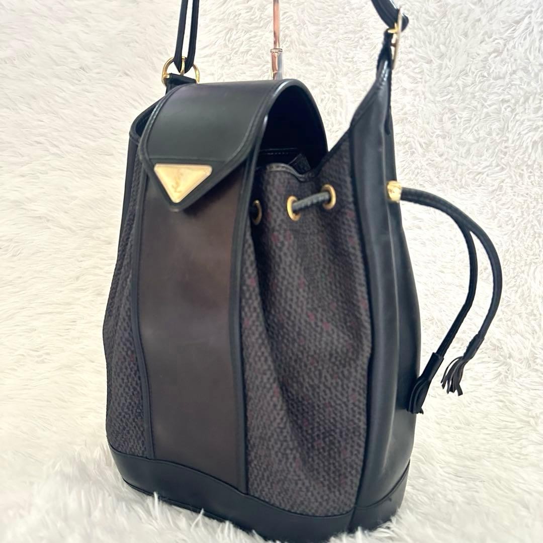 YVES SAINT LAURENT Canvas Leather Shoulder Bag Brown Black Drawstring Tassel thumbnail 4