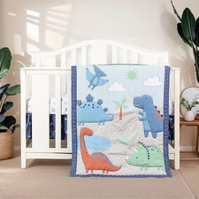 Blue Dinosaur Crib Bedding Set for Baby Boy, 3 Pieces Nursery Set Including Q...
