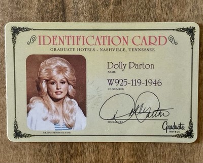 DOLLY PARTON Graduate Hotels ID Card COUNTRY MUSIC STAR Nashville TN Singer