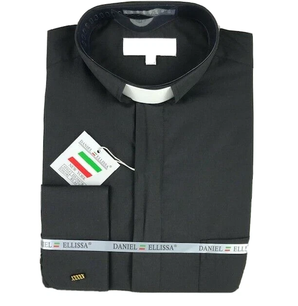 Camicia Daniel Ellissa uomo clero colletto a fascia nero bianco linguetta taglie 14,5 -22,5 - Immagine 3 di 4