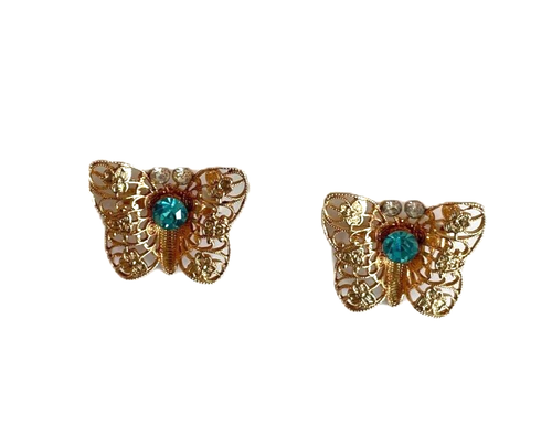 Vintage Gold Tone Filigree Blue Rhinestone Butterfly Brooch Pin Scatter Set of 2 - Picture 11 of 12