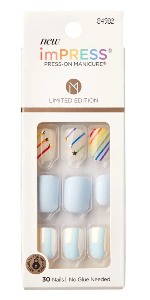 KISS IMPRESS PRESS ON NAILS ONE STEP MANICURE SUN'S OUT BLUE NAILS with ACCENTS
