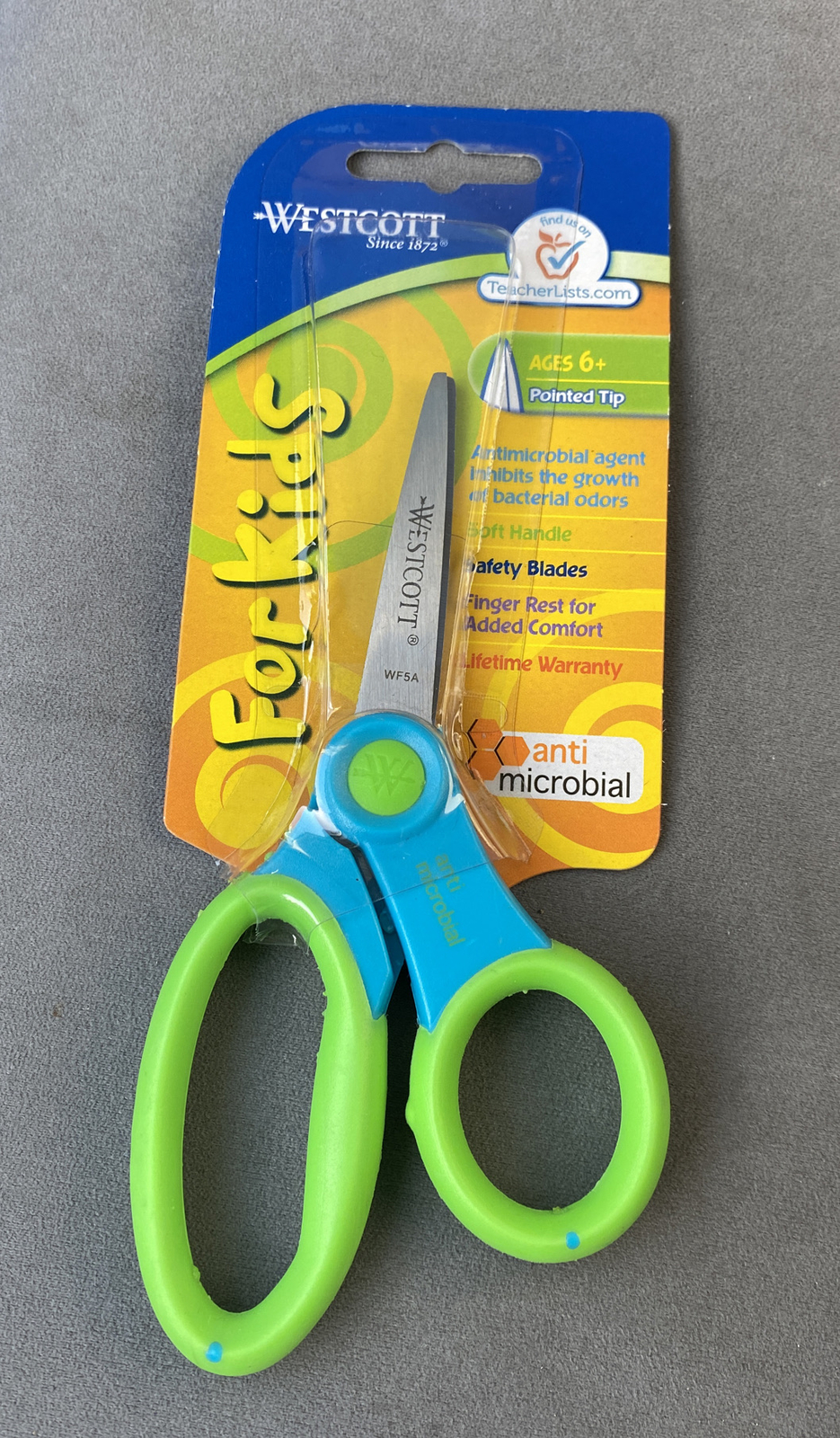 Westcott Scissors For Kids Pointed Tip Ages 6+ Microban Green/Blue Soft