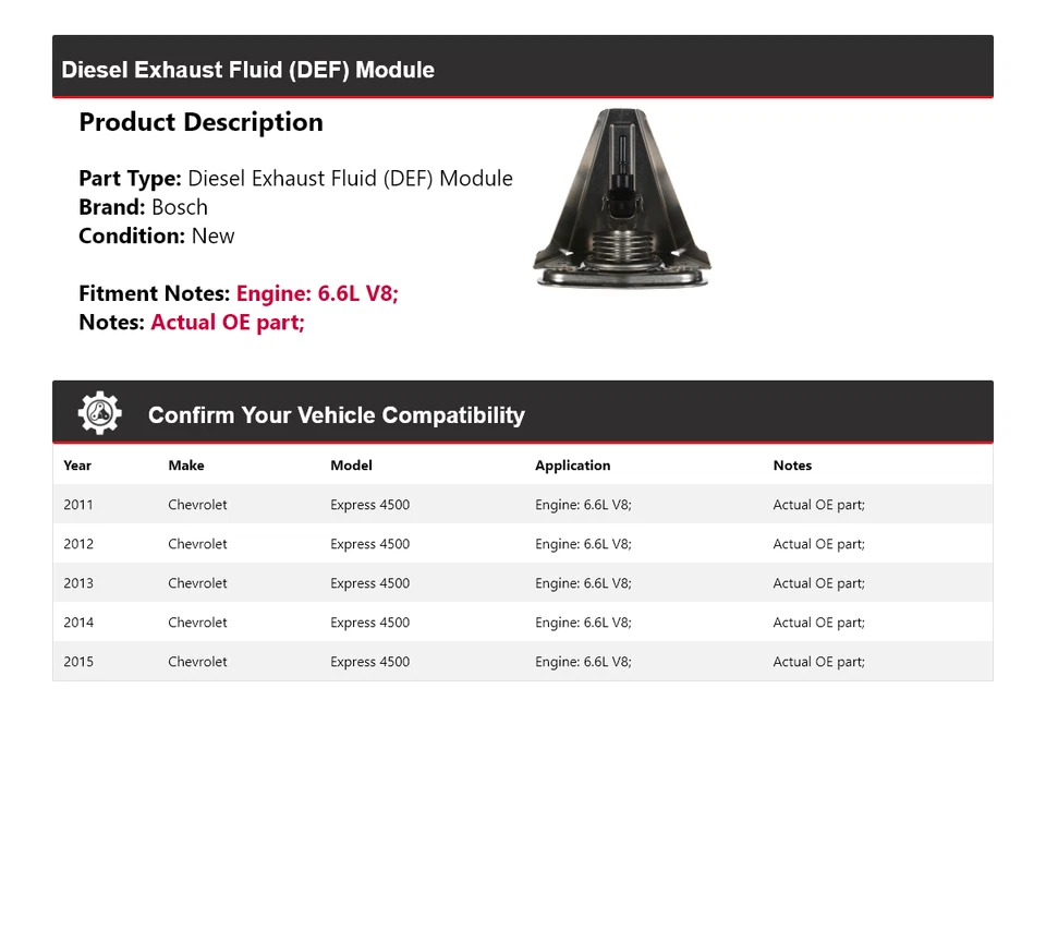 Módulo de líquido de escape (DEF) diésel Bosch para Chevrolet Express 4500 2011-2015 Foto 2 de 4