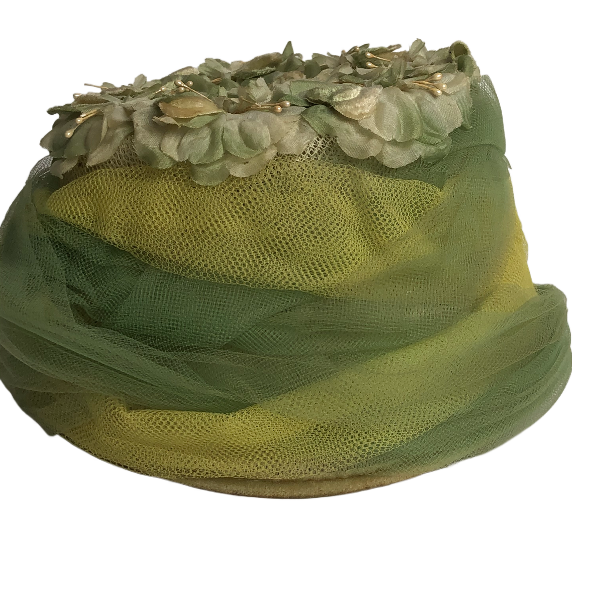 Vintage Elegant Hat 2 Shades of Green with Embossed Flowers on Top 