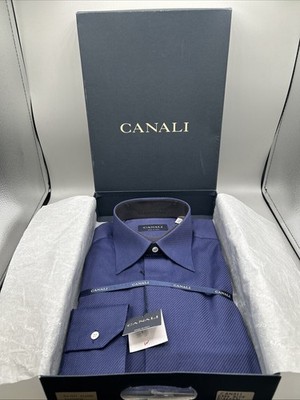 New Men s Canali Dress Blue Diagonal Stripe Dress Shirt Size 39 A511