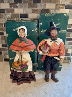 Vintage Midwest Cannon Falls Pilgrim Couple Fabric Mache Thanksgiving Figures WB