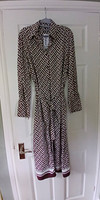 George Geometric Collared Belted Long Sleeve Midi Shirt Dress Brown/White 12