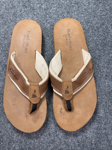 Kai Kai Sandals Mens 11 Brown Leather Montauk Canvas Leather Strap Thong - 第 1/9 張圖片