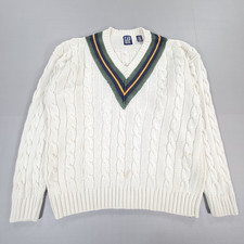 Gap Mens Jumper White Large Chunky Cable Knit V-Neck Cricket Pullover Vintage