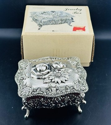 Vintage Antimony Floral Jewelry Box Footed Silver Lined Vanity Box NIB 6'' X 4.5''