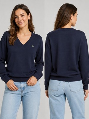 Lacoste Women's Size 6 Navy V-Neck Sweater 100% Cotton Oversized Preppy NWOT