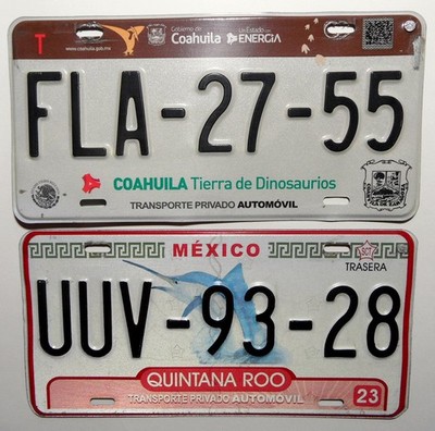 2 Nummernschilder aus Mexico ''COAHUILA'' + ''QUINTANA ROO'' mit Grafik. Sonderdeal.