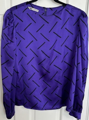 VTG David Hayes 100% Silk Blouse Purple Black Geometric Size 16 Made In USA~READ