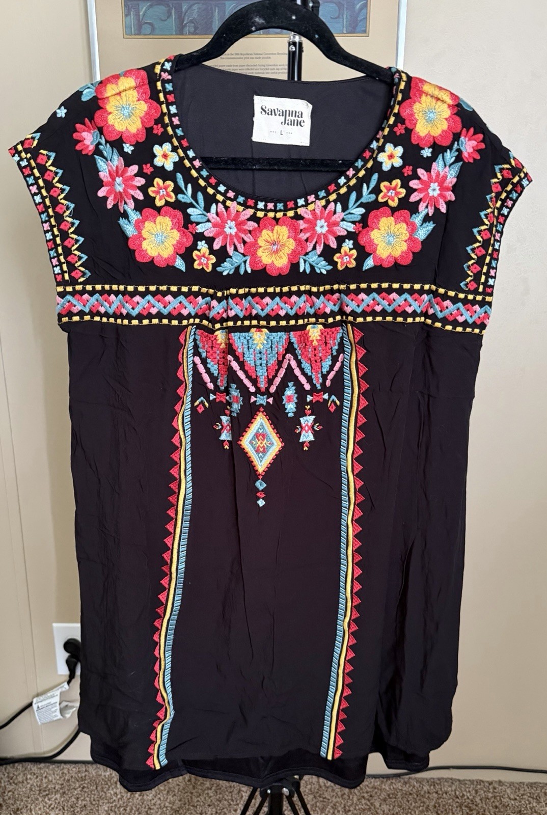 Savanna Jane Black Floral Embroidered Mexican Style Boho Dress Size Large