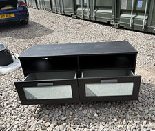 Black Freestanding TV Stand, 2 Drawers, 2 Shelves, Open Storage, Glass