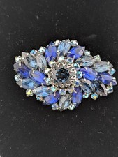 Vtg Multi-tiered Silver Tone Rhinestone Brooch Dark Blue Navette  Round w/ AB