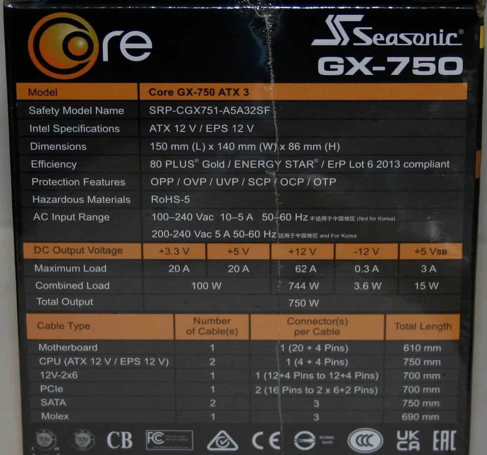 Seasonic Focus GX-750 SSR-750FX 750W 80+Gold Modular Power Supply PSU NEW - Image 4 of 4