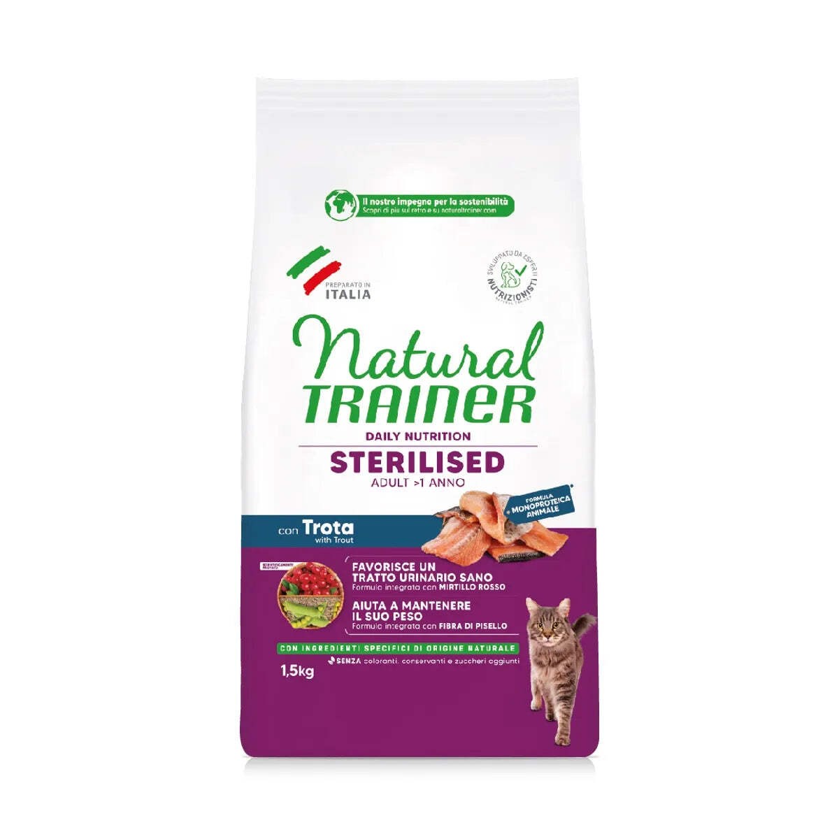 Natural Trainer Daily Nutrition Adult Sterilised Monoproteico con Trota 1,5 kg - Croccantini per gatti - 1° ORDINE? scegli tra BZR5 - BZR20 + 200 pt fedeltà - Immagine 2