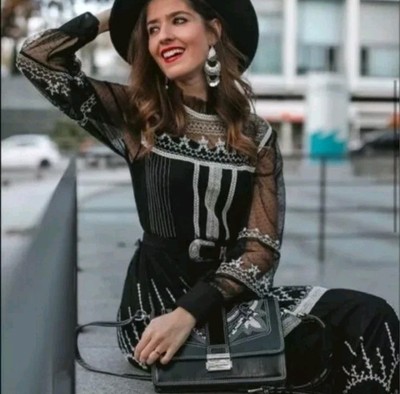 Zara schwarz & weiß bestickt Tüll Kleid Midi Größe XL Ex Large 14 16 