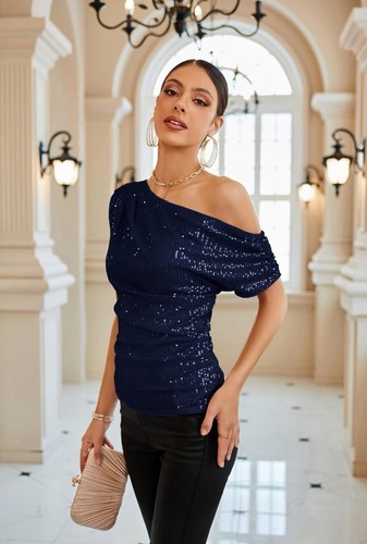 Schwarzes schulterfreies Pailletten Top, glitzerndes Glitzer Shirt, Party Top Gr. S M L - Bild 2 von 3