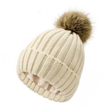Satin Lined Beanie for Women Knit Winter Hats Silk Lined One Size A Beige