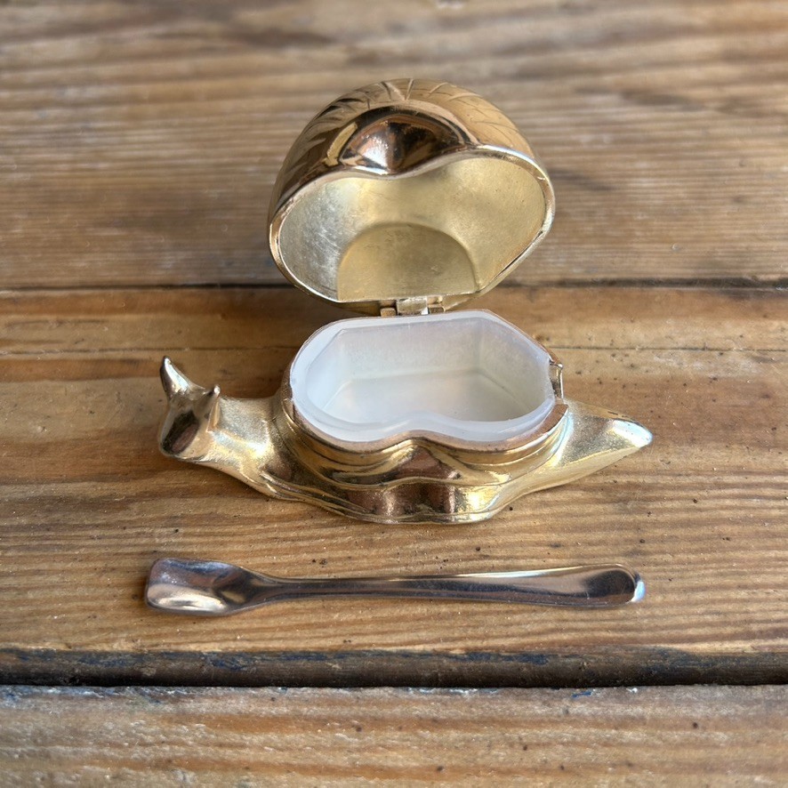 Vtg Snail Salt Cellar Gold Plated Metal w/ Spoon & Plastic Liner