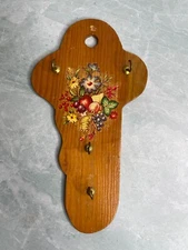 Vintage wooden key holder with four hooks floral design 10" wall decor