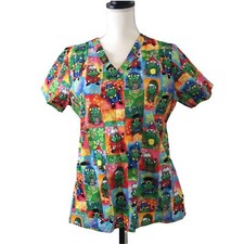 Peaches Uniform Nurse Scrub Top Christmas Frogs CNA Short Sleeve Pockets Large