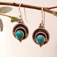 925 Sterling Silver Turquoise Gemstone Handmade Genuine Dangle Earrings