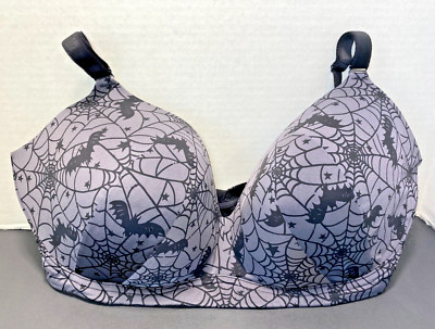 Torrid Curve Halloween Bra Bats Spiderwebs Black Gray 44DDD Preowned Wireless