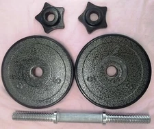 ONE DUMBBELL HANDLE WITH STAR LOCK COLLARS and SET OF TWO 5 LB. METAL WEIGHTS