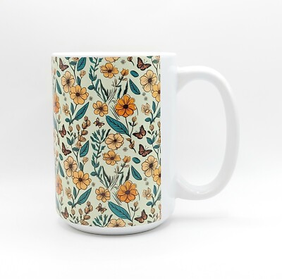 Yellow Flowers & Butterflies Coffee Tea Mug Cup 15 Oz Ceramic by Mugzan