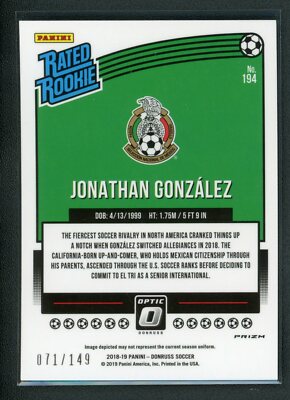 2018-19 JONATHAN GONZALEZ 071/149 PANINI DONRUSS OPTIC BLUE RATED