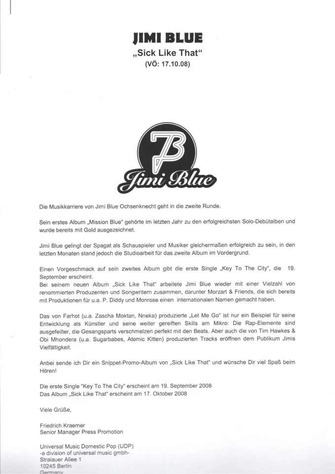 Jimi Blue(Ochsenknecht)- Sick Like That - Promo CD (Snippet Album) in Promomappe - Bild 4 von 4