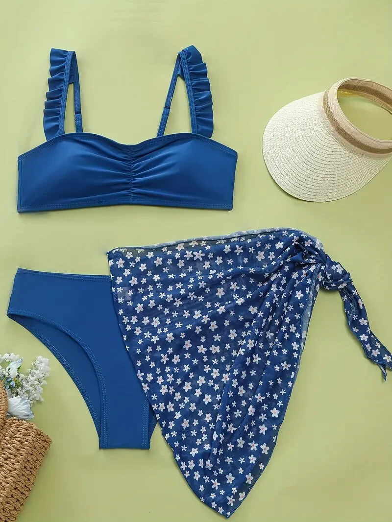 Conjunto de bikini decorativo con adornos acanalados para adolescentes niñas + falda envolvente traje de baño de 3 piezas de 12 a 13 años
