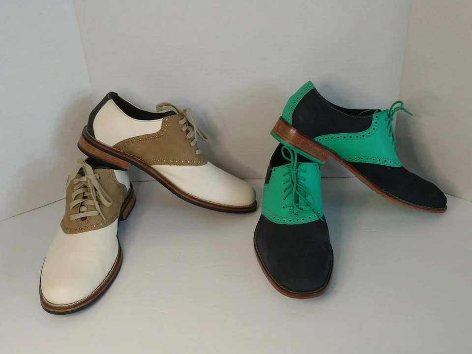 2 Pair Cole Haan Mens 8M Dress Saddle Oxford Shoe Tan/Beige Blue/Green