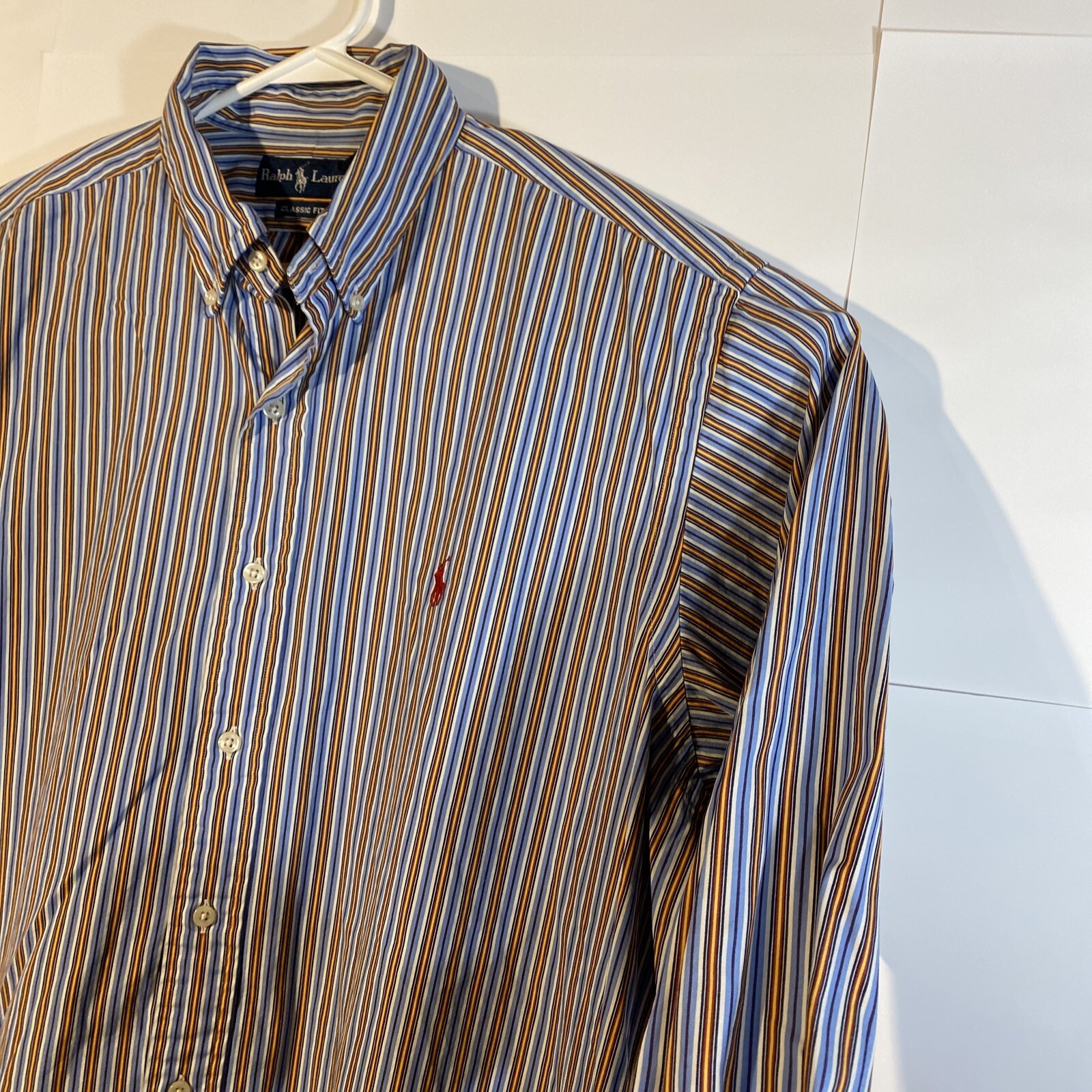 Camicia Ralph Lauren con bottoni; uomo grande; righe arcobaleno; colorata; logo pony